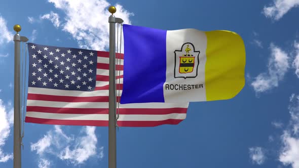 Usa Flag Vs Rochester City Flag New York  On Flagpole