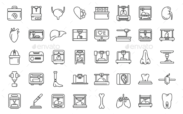 Bioprinting Icons Set Outline Vector