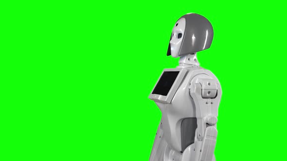 Robot Is Standing and with a Hand Gesture Calls To Itself. Green Screen