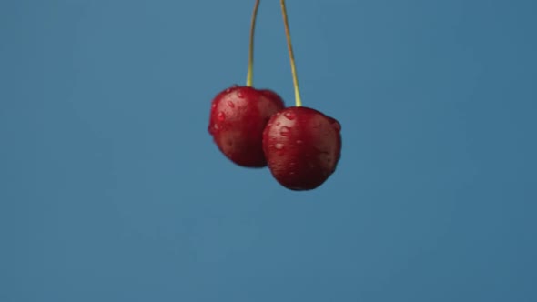 Two Yummy Cherries on a Blue Background