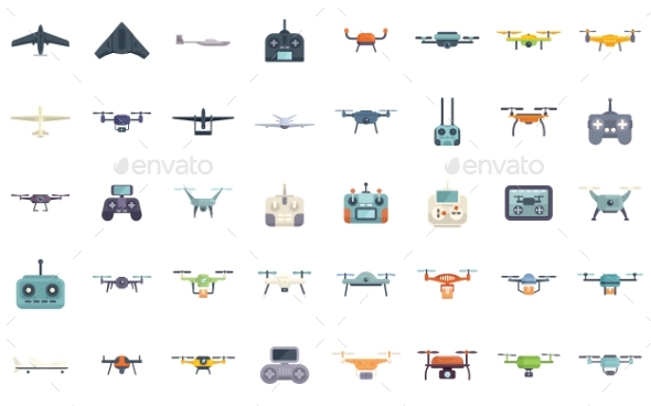 Drone Technology Icons Set Flat Vector