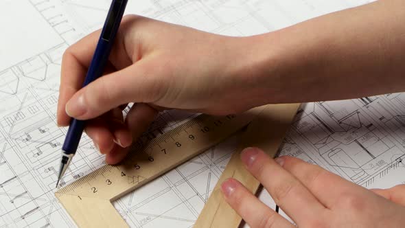 Girl Using the Ruler Draws New Lines for Building the Building. Close Up