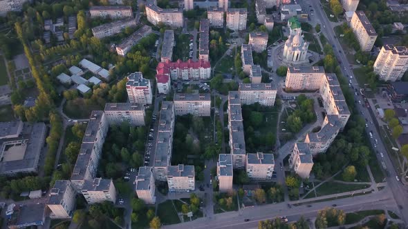 Drone panorama on 10 floors buildings of USSR multistory buildings. Residential blocks of high rise