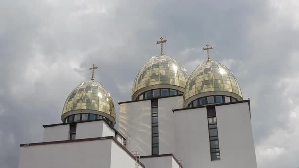 Dome of Church Aerial View Traditional Old Church in City Lviv Ukraine Cloudy Sky Background