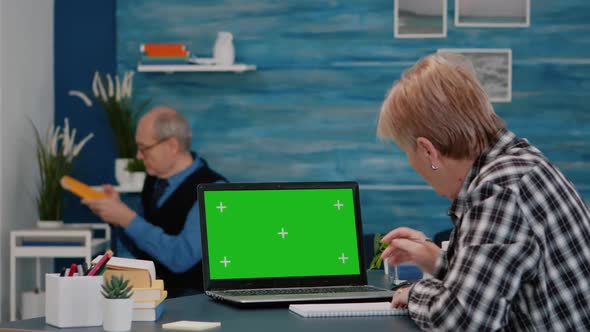 Senior Woman Looking at Green Screen Monitor Working From Home