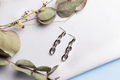 Creative composition with simple silver jewelry earrings set on silk background with dried flowers - PhotoDune Item for Sale