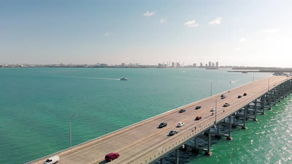 Aerial Drone View of Rickenbacker Causeway and Downtown Miami on a Sunny Day Florida