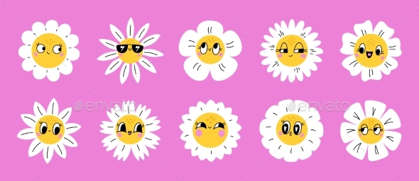 Cartoon Daisy Flowers with Emoji