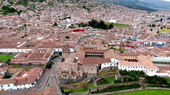 4k Daytime drone footage of Qorikancha (Temple of the sun) from Cusco, Peru, tilt down and wide angl