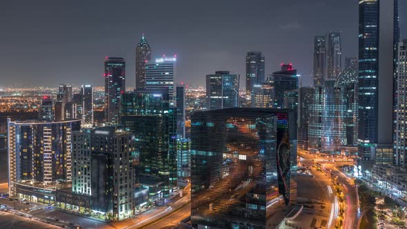 Dubai's Business Bay Towers Aerial Night Timelapse