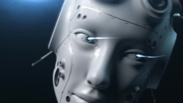 Critical error in artificial intelligence. robot head twitching and shaking close-up shot
