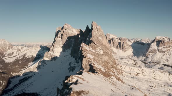 Descending drone shot of Seceda ridge dolomites