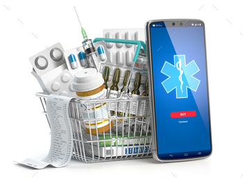 Mobile service or app for purchasing medicines in online pharmacy drugstore.