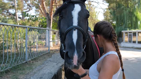 Girl in Riding Clothes Cleans with a Special Brush, a Comb Her Young Horse