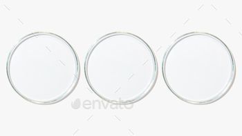 Top view of set of transparent petri dishes on white background