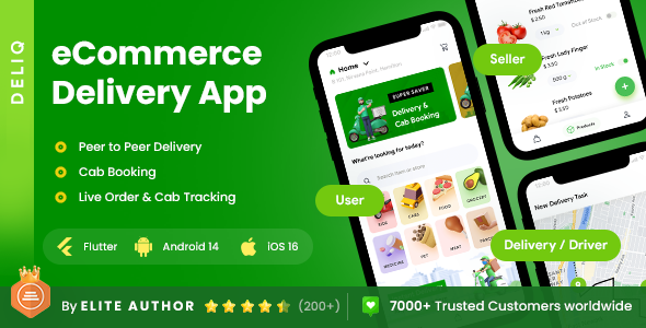 6 App Template| eCommerce Food Grocery Delivery App| Cab Booking| Peer 2 Peer Delivery App| DeliQ