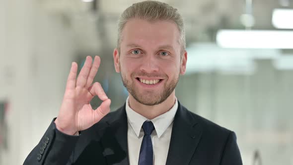 Portrait of Attractive Businessman Showing Ok Sign with Hand