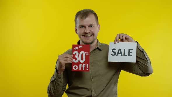 Happy Man Showing Sale Word and Showing Up To 30 Percent Off Inscription, Rejoicing Discounts