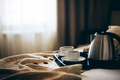 Morning breakfast with black coffee in bedroom. - PhotoDune Item for Sale