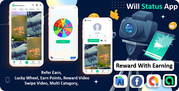 Will Video Status App | Status App with Reward | Facebook & Admob & StartApp Ads | With Admin Panel