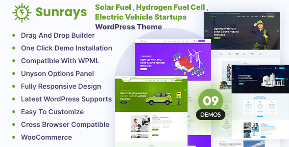 Sunrays - Solar Fuel , Hydrogen Fuel Cell , Electric Vehicle Startups WordPress Theme
