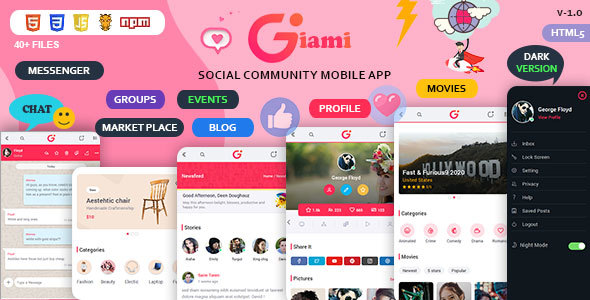 Giami Community Social Network PAW Mobile App UI Kit with Market Place Template