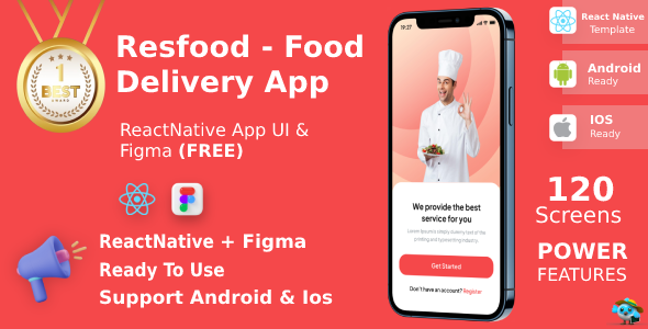 ResFood ANDROID + IOS + FIGMA | UI Kit | ReactNative | Food Delivery App | Free Figma File