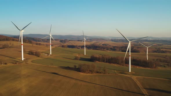 Aerial View of Wind Turbines Farm at Sunset