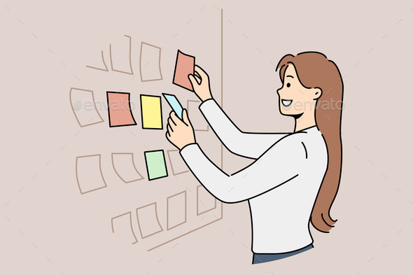 Business Woman Stands Near Scrum Board with