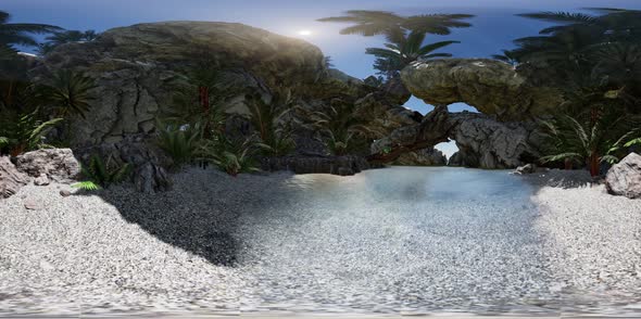 VR 360 Cave Paradise Blue Sea and Sky. Paradise on Beach Tropical Island
