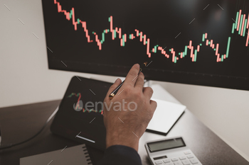 nvestor trading stocks, stock market analysis for profitable trading, investing in cryptocurrencies. Concept of investing in stocks.