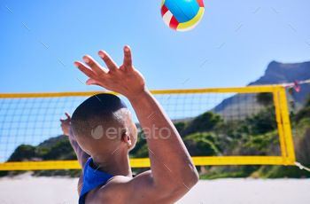 Summer beach, sports and person serve volley ball, play competition and player training, workout or