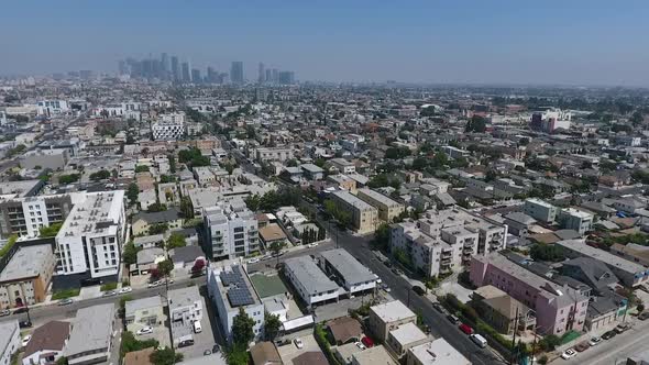 Aerial Drone Footage Flying at Downtown Los Angeles on a Sunny Summer Day Afternoon