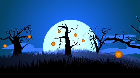 Haunted graveyard with dark silhouettes of trees full of creepy jack-o lanterns.