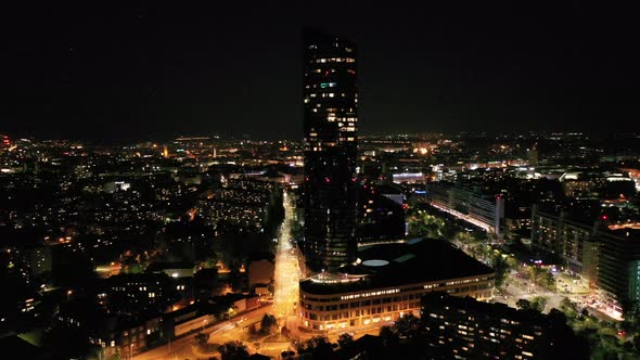 Aerial drone view of skyscarper Sky Tower in Wroclaw at night. Wroclaw, Poland.