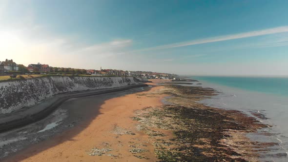 Drone aerial view of the beach and white cliffs, Margate, England, UK