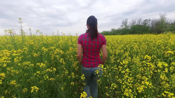 A young woman farmer walks into a rapeseed field and checks the quality of the plant