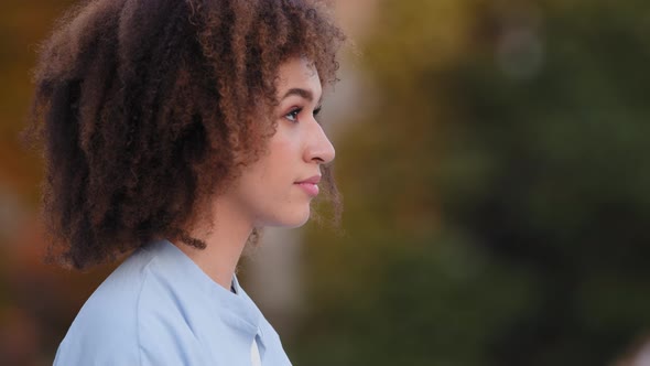 Close Up Female Pensive Dreaming Face Young Beautiful Girl Waiting in City