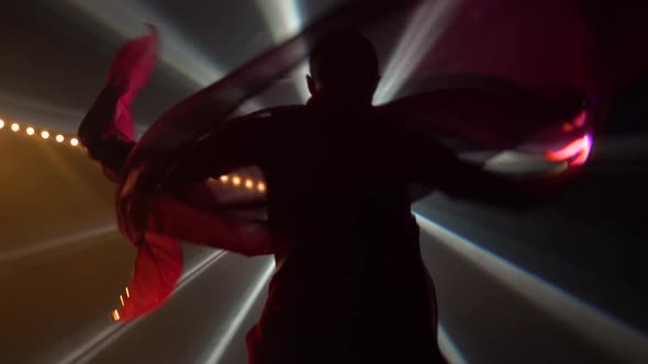 Silhouette a Young Girl Dancer in a Red Sari. Indian Folk Dance. Shot in a Dark Studio with Smoke