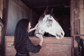 Woman brushing horse in stall - PhotoDune Item for Sale