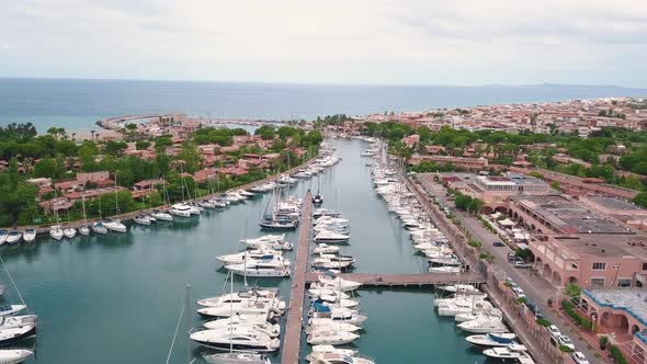 Aerial View on Sailing Yachts at Lipari Islands. Sicily, Italy. Mediterranean Sea, Mountains and