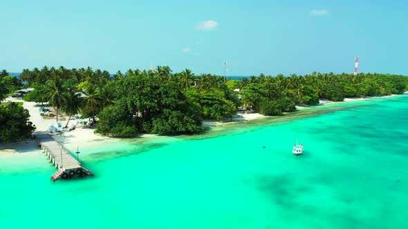 Aerial top down travel of marine island beach holiday by clear ocean with white sand background of a