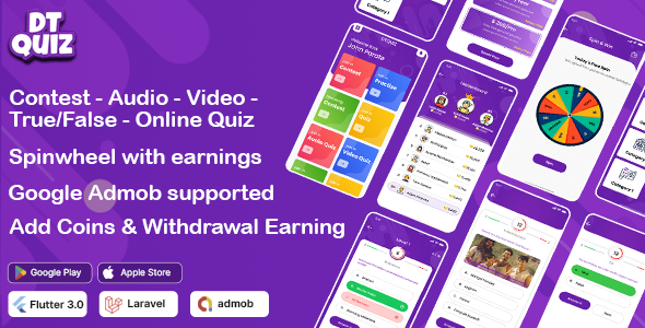 DTQuiz - Online Quiz Flutter App | Trivia Quiz | Quiz Game | Android | iOS | Admin Panel