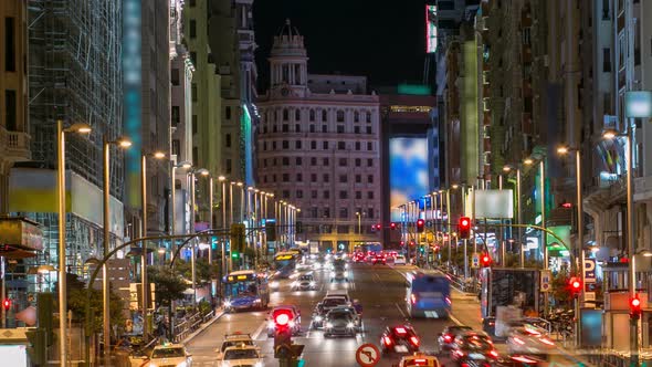 Madrid Spain Cityscape on Gran Via at Twilight Timelapse