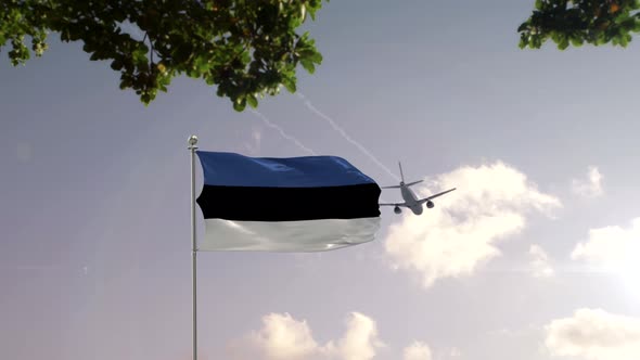 Estonia Flag With Airplane And City -3D rendering