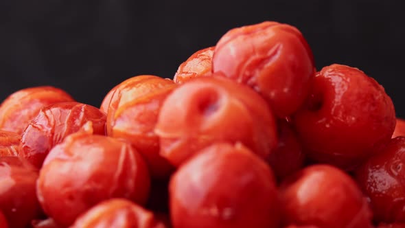 Canned Cherry Rotating on Black Background Drunken Cherry Dessert Tinned Cherry Spun Compote