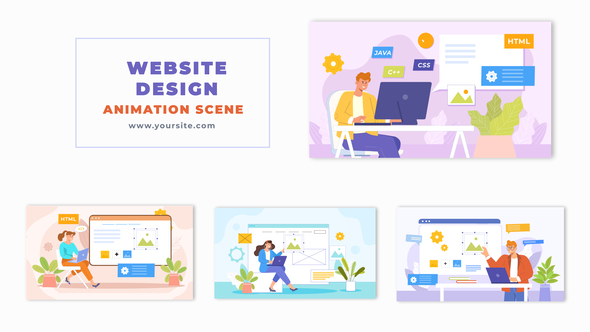Animation Scene of Website Designers Working with Vector Graphics