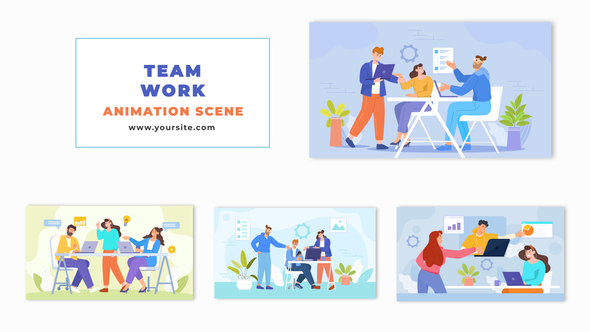 Flat Design Animation Scene of Teamwork in the Office