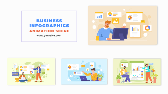 Flat Character Design Animation Scene with Business Infographics