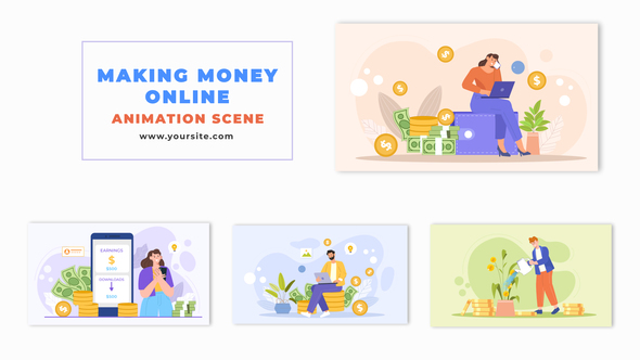 Smart Online Income Generation Flat Character Animation Scene